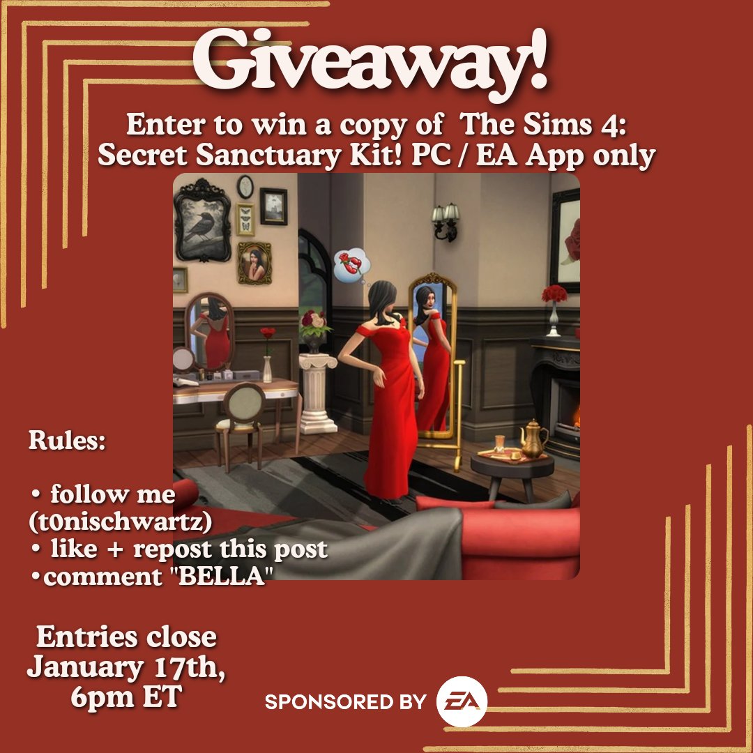 Thank you to <a href="/EA/">Electronic Arts</a> &amp; the #EACreatorNetwork for sponsoring this giveaway! 

Win a copy of #TheSims4SecretSanctuaryKit 🪞 PC / EA App only

Rules:
• follow me <a href="/t0nischwartz/">toni ✨</a>
• like + repost this post
• comment "BELLA"

Closes January 17th, 6pm ET ⚜️
