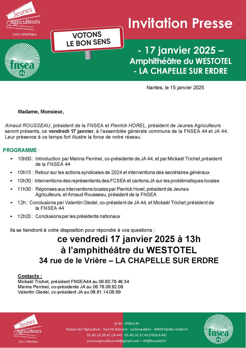 📣 𝐈𝐧𝐯𝐢𝐭𝐚𝐭𝐢𝐨𝐧 𝐩𝐫𝐞𝐬𝐬𝐞 
🔴🟢 AG #FNSEA44 + <a href="/jeunesagri44/">Jeunes Agriculteurs de Loire-Atlantique JA44</a> : 𝐀𝐫𝐧𝐚𝐮𝐝 𝐑𝐎𝐔𝐒𝐒𝐄𝐀𝐔 pdt de la <a href="/FNSEA/">La FNSEA</a>  𝐞𝐭 𝐏𝐢𝐞𝐫𝐫𝐢𝐜𝐤 𝐇𝐎𝐑𝐄𝐋 pdt de <a href="/JeunesAgri/">Jeunes Agriculteurs</a> 𝐞𝐧 𝐋𝐨𝐢𝐫𝐞-𝐀𝐭𝐥𝐭𝐚𝐧𝐭𝐢𝐪𝐮𝐞 ce 𝐯𝐞𝐧𝐝𝐫𝐞𝐝𝐢 𝟏𝟕 𝐣𝐚𝐧𝐯𝐢𝐞𝐫 ⤵️
#VotonsLeBonSens
