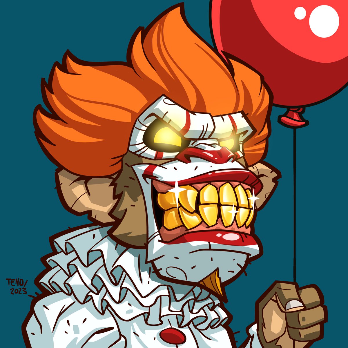 AngryApesNFT's tweet image. Another Legendary Ape from Tenos magical Playground. The “Pennywise” Ape 🔪 🤡