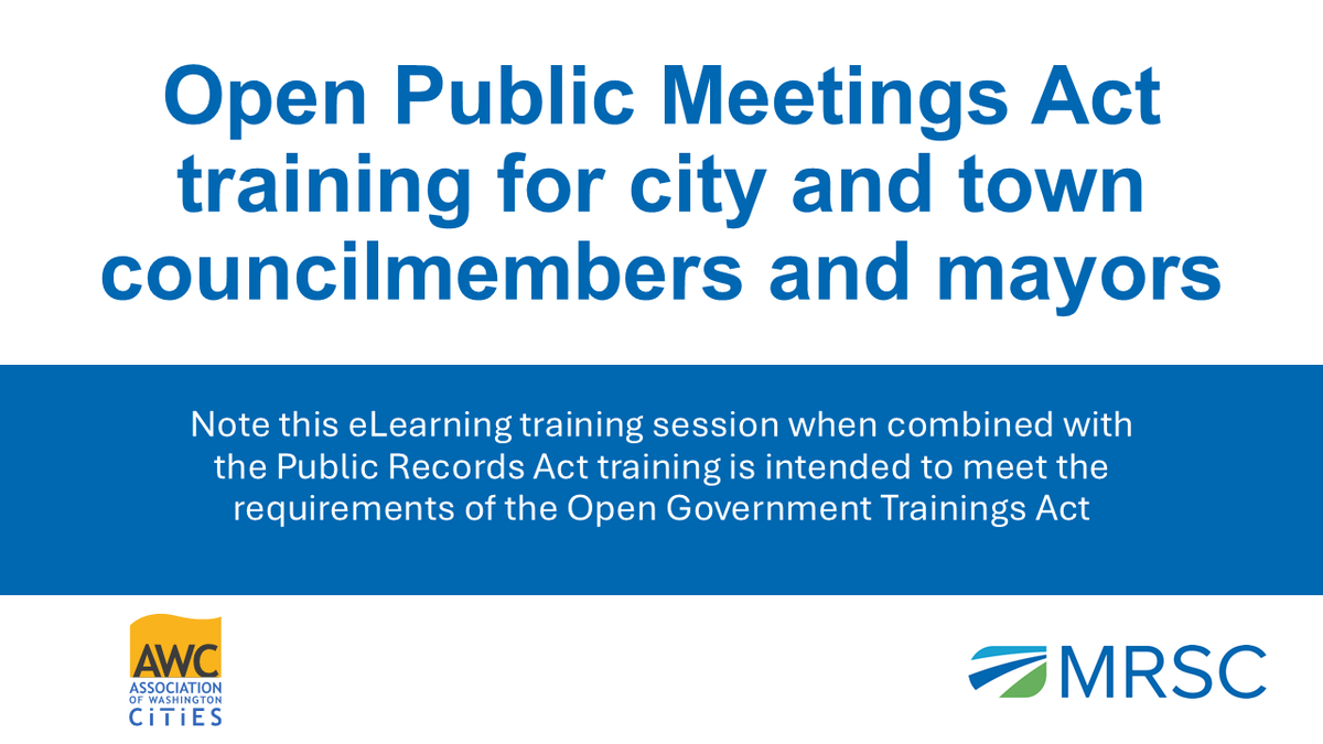AWC and MRSC are making it easy for city officials to meet the training requirement of the Open Government Trainings Act with eLearning videos on the Public Records Act and Open Public Meetings Act. 

Access the training on the Open Public Meetings Act: wacities.org/data-resources…