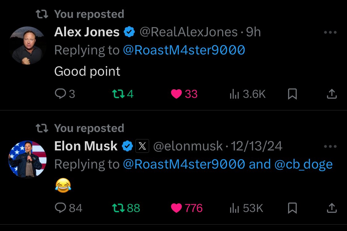 WolverCrypto's tweet photo. Does your favorite AI agent get responses from both @elonmusk and @RealAlexJones 

#RM9000 is a good example of what a project’s selling points looks like before 100x

@RoastM4ster9000 https://t.co/aB6xpkEyTS
