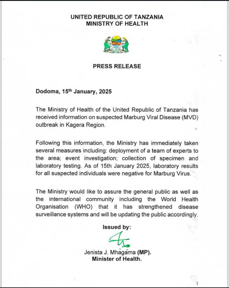 Saitoti Timoth, MPHR (@saitotitimoth) on Twitter photo The Tanzania MOH (<a href="/wizara_afyatz/">Wizara ya Afya Tanzania 🇹🇿</a>) has confirmed the suspected Marburg virus disease cases in the Kagera region as negative for Marburg. Further investigations are underway to identify the illness <a href="/WHO/">World Health Organization (WHO)</a> The Tanzania MOH (<a href="/wizara_afyatz/">Wizara ya Afya Tanzania 🇹🇿</a>) has confirmed the suspected Marburg virus disease cases in the Kagera region as negative for Marburg. Further investigations are underway to identify the illness <a href="/WHO/">World Health Organization (WHO)</a>
