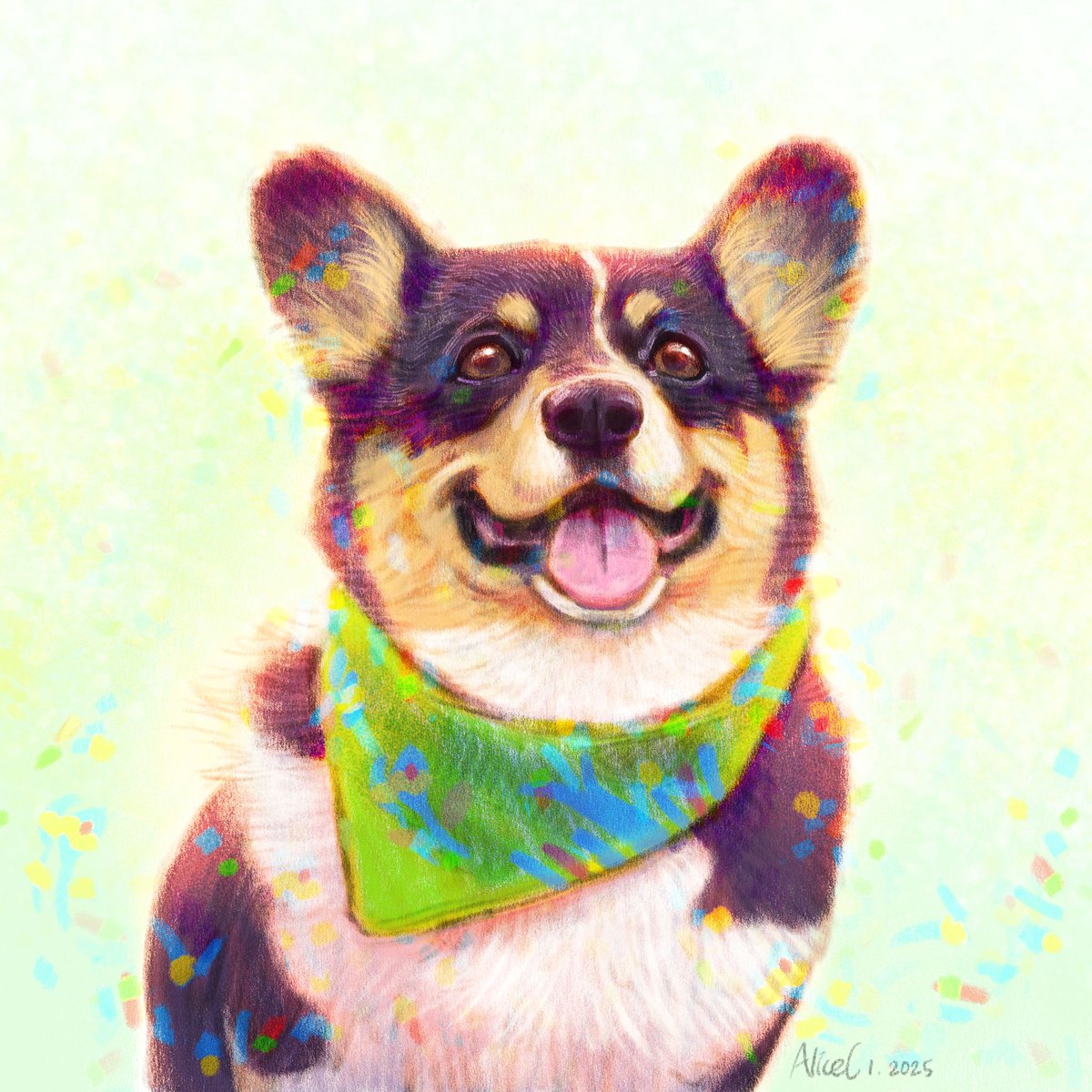 AliceChenArt's tweet photo. Just finished this dog portrait! Enjoyed playing around with the colors and I'm pretty happy with the result. #petportrait #corgi https://t.co/h0Pv0aoLPT