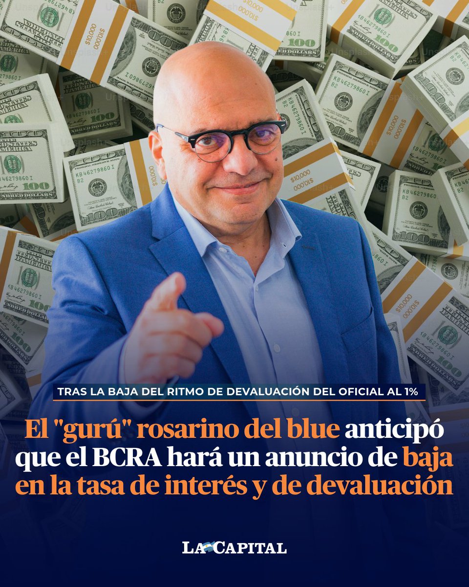 lacapital's tweet photo. 🏛️📉 El BCRA redujo el ritmo del "#crawlingpeg" del 2% al 1% mensual, una decisión que refuerza la previsión de Salvador Di Stefano de que habrá más ajustes en las tasas para estabilizar el tipo de cambio.
📊💰 El analista financiero #SalvadorDiStefano, conocido como el "gurú rosarino del dólar blue", compartió que este cambio estaría alineado con la tendencia descendente de la #inflación en los últimos meses.
🗣️ "Probablemente el #BancoCentral haga un anuncio de baja en la tasa de interés y de devaluación", afirmó.
→ https://t.co/1LUNjTE1bW