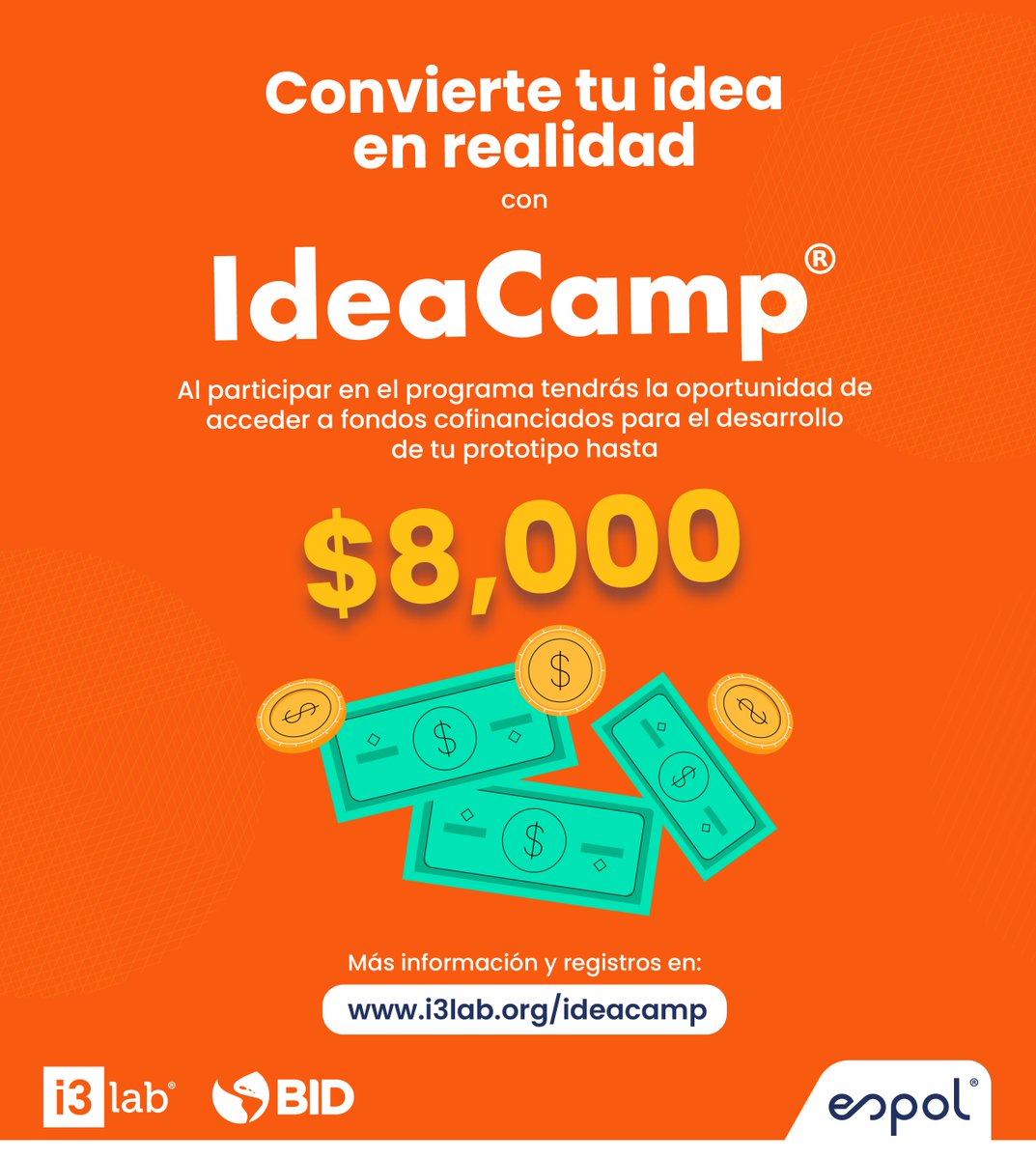 i3labespol's tweet photo. ¡Haz realidad tu idea de negocio con #IdeaCamp!💡
Participa en nuestro programa de incubación y accede a mentorías, talleres y un fondo cofinanciado para desarrollar el prototipo de tu idea de emprendimiento.
🔗 Más información y registros en: https://t.co/OqqwzlXClo https://t.co/2mcSxtmHDa