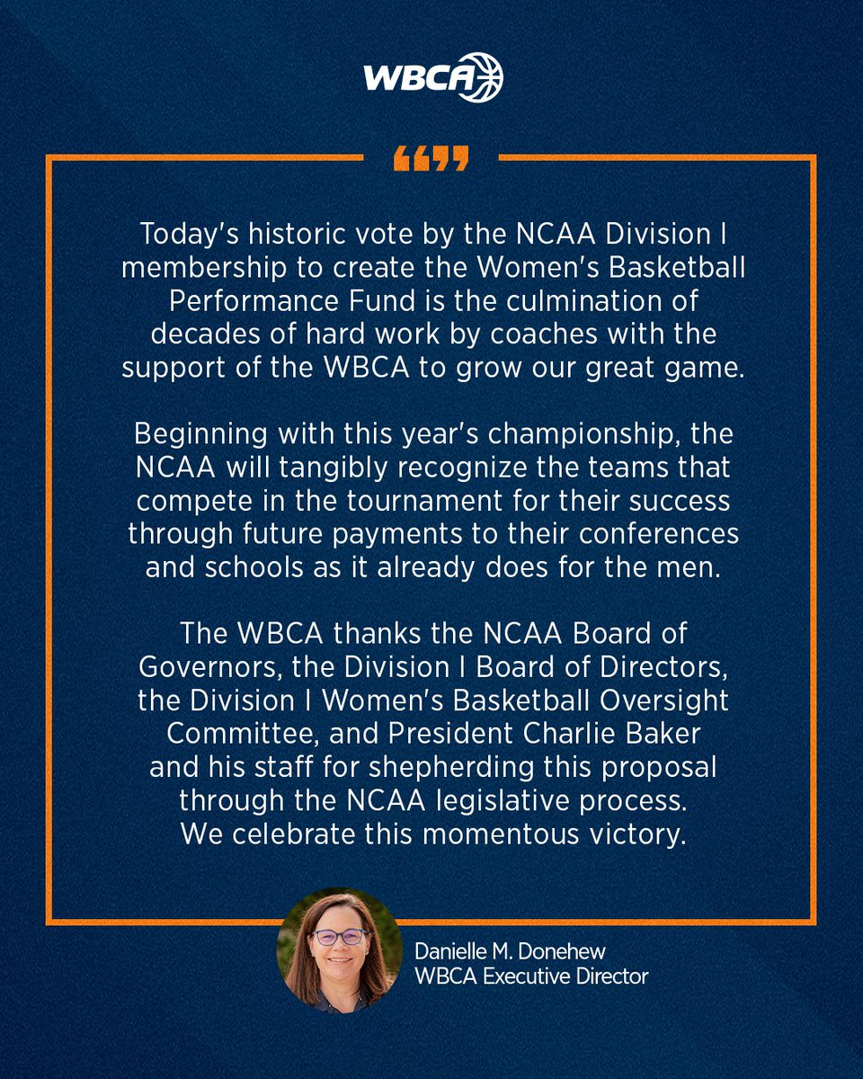 A historic day for women's basketball! 

The creation of the Women’s Basketball Performance Fund marks decades of hard work and progress. 

Today, we celebrate a monumental victory for our game and its future. 🙌

#WBCA | <a href="/DanielleDonehew/">Danielle Donehew</a>