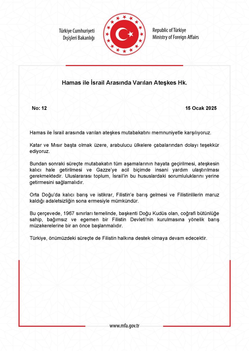 Hamas ile İsrail Arasında Varılan Ateşkes Hk. mfa.gov.tr/no_-12_-hamas-…
