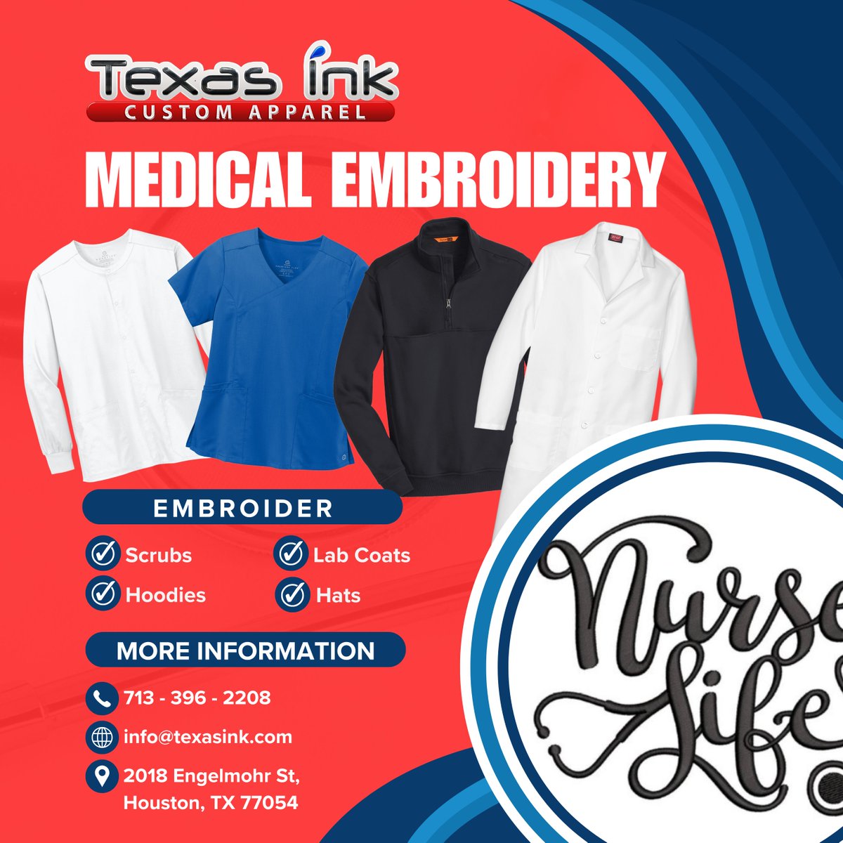 texasinkshirts's tweet photo. Local Medical Centers, Upgrade Your Team’s Apparel!
We specialize in high-quality embroidery for scrubs, lab coats &amp; more! Fast turnaround, great prices, &amp; professional results. Support local. Let’s fit your team today! 💪
📞 713-396-2208 📧 info@texasink.com
#MedicalApparel https://t.co/3SDj3Cn4FP