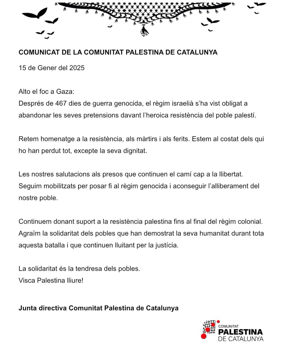 🔴Alto el foc a Gaza · Comunicat de la Comunitat Palestina de Catalunya