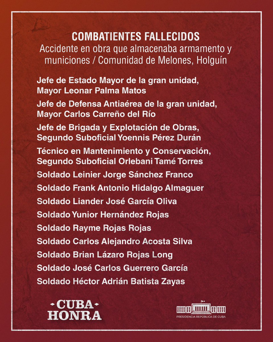 Duele hondo confirmar el fallecimiento de oficiales, suboficiales y soldados que enfrentaron heroicamente el accidente en una obra que almacenaba material de guerra de la región militar de Holguín. Reitero las más sentidas condolencias a familiares y amigos. 

#CubaHonra