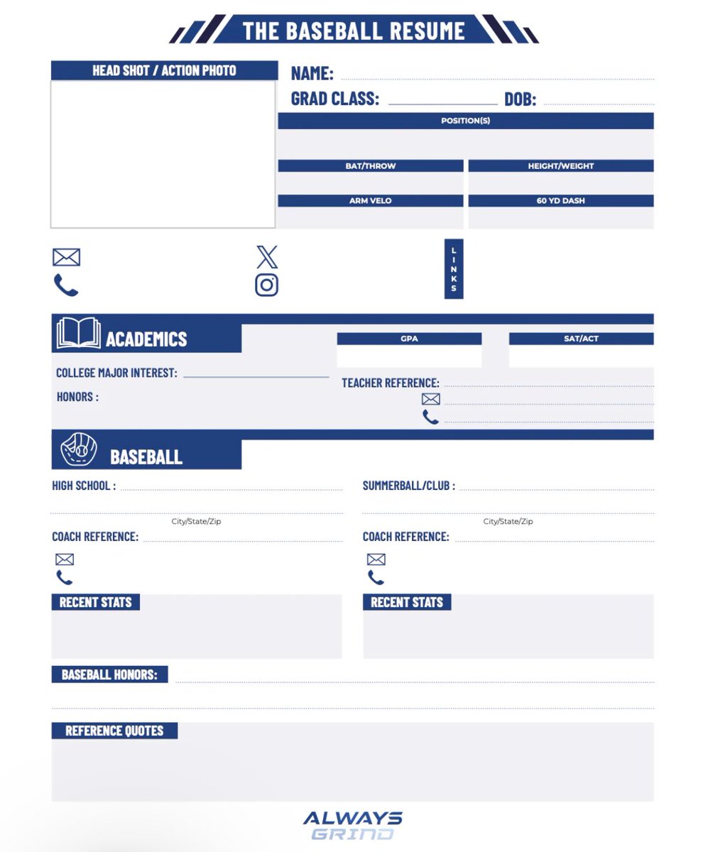 Free Resource for HS Recruits 🙌

- College Contact List: organize your communication with Schools/Coaches. List Pros/Cons and take notes on conversations and program. 

-Baseball Recruiting Resume: Great tool to send to prospective schools. Quick snapshot of your Attributes on