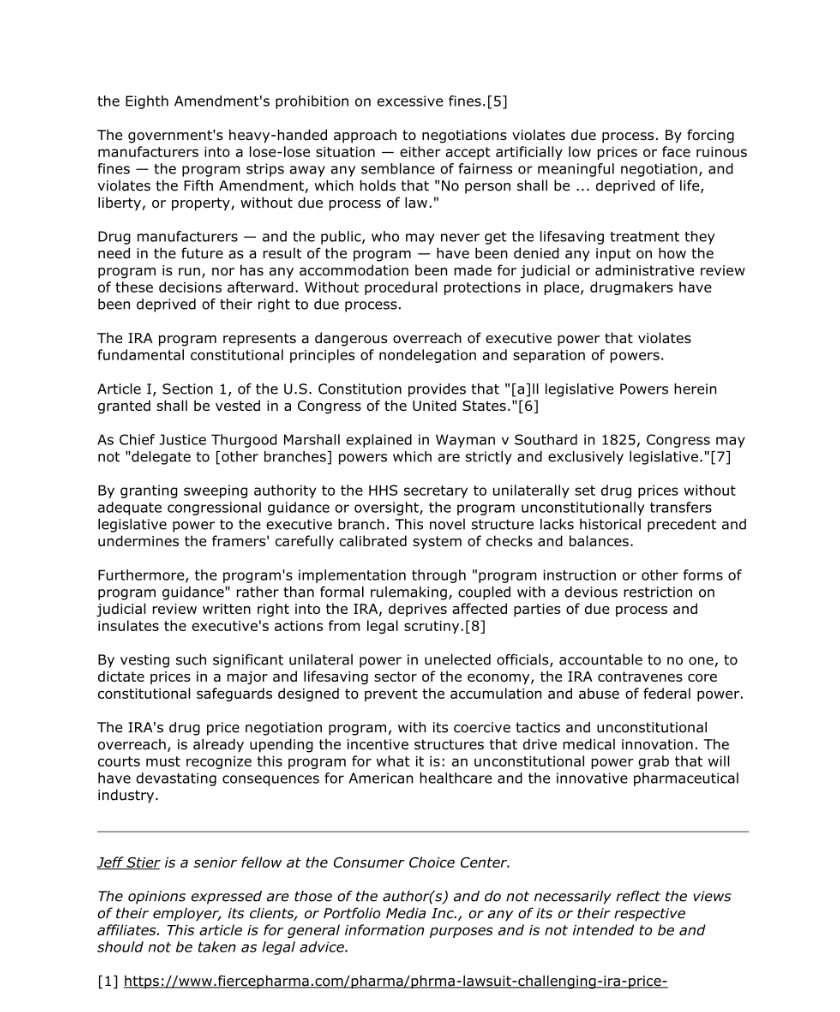 kenblackwell's tweet photo. "The courts must recognize this program for what it is: an unconstitutional power grab that will have devastating consequences for American healthcare"

Well said, @JeffaStier.  Under the IRA, R&amp;D has plummeted while seniors face skyrocketing premiums.

https://t.co/z2TnrhPweW https://t.co/uIxMFQRdkh