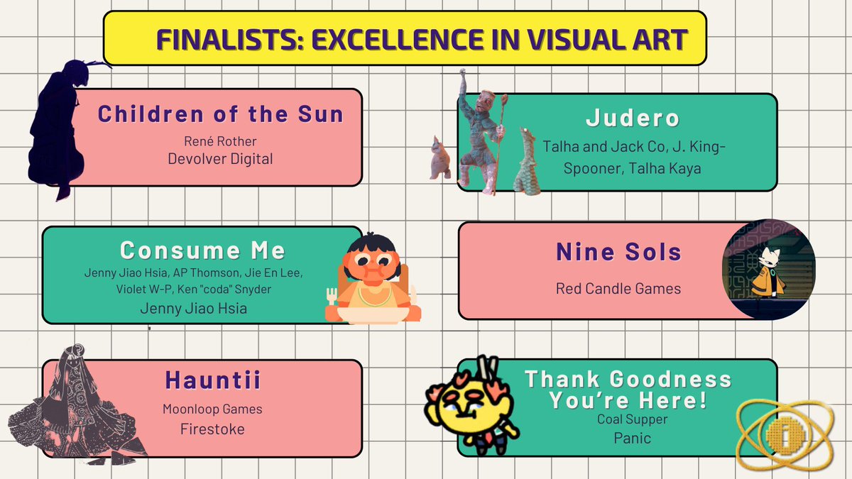 Game Developers Conference (@official_gdc) on Twitter photo IGF 2025 Finalists: Excellence in Visual Art
Children of the Sun (<a href="/devolverdigital/">Devolver Digital</a>)
Consume Me (<a href="/q_dork/">jenny jiao hsia *✩⁺˚</a>)
Hauntii (<a href="/Hauntii/">Hauntii</a>)
Judero (<a href="/taloketo/">Talha - Mashina on KICKSTARTER</a>)
Nine Sols (<a href="/redcandlegames/">redcandlegames</a>)
Thank Goodness You're Here! (<a href="/coalsupper/">Coal Supper is making Thank Goodness You're Here!</a>)
#IGF2025 IGF 2025 Finalists: Excellence in Visual Art
Children of the Sun (<a href="/devolverdigital/">Devolver Digital</a>)
Consume Me (<a href="/q_dork/">jenny jiao hsia *✩⁺˚</a>)
Hauntii (<a href="/Hauntii/">Hauntii</a>)
Judero (<a href="/taloketo/">Talha - Mashina on KICKSTARTER</a>)
Nine Sols (<a href="/redcandlegames/">redcandlegames</a>)
Thank Goodness You're Here! (<a href="/coalsupper/">Coal Supper is making Thank Goodness You're Here!</a>)
#IGF2025