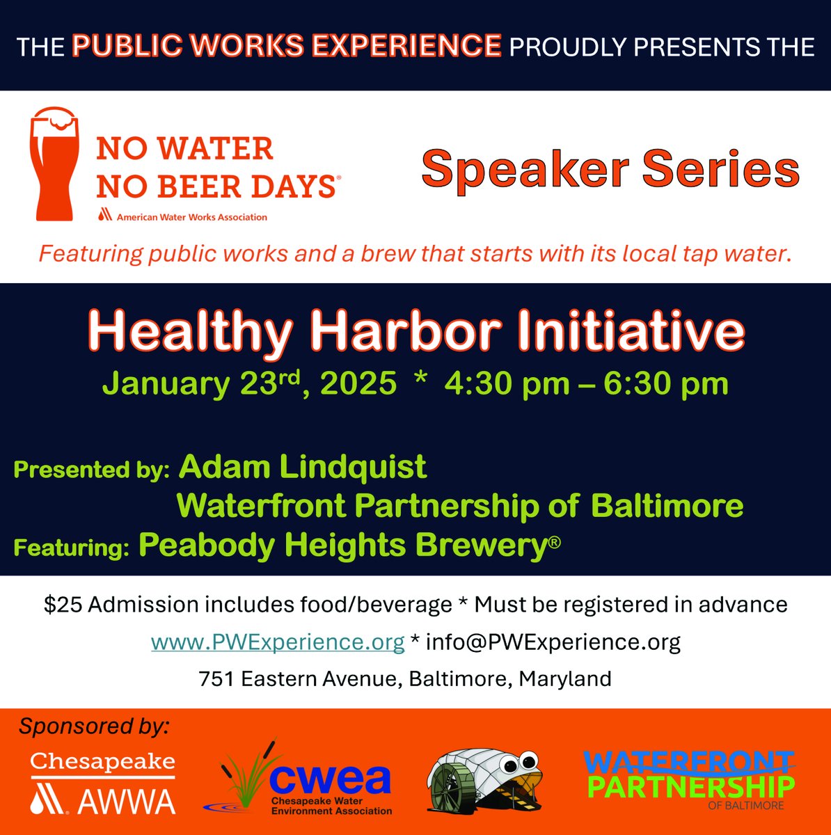 PublicWorksExp1's tweet photo. Hope to see you 1/23 as we learn about the Healthy Harbor Initiative while enjoying food and local beer from Peabody Heights - all for $25!  Visit our website for more details - https://t.co/91GEyWdhoa
@WaterfrontPB @DowntownBalt @harboreast @LINABaltimore @baltimorebanner https://t.co/7S6LqOmzmD