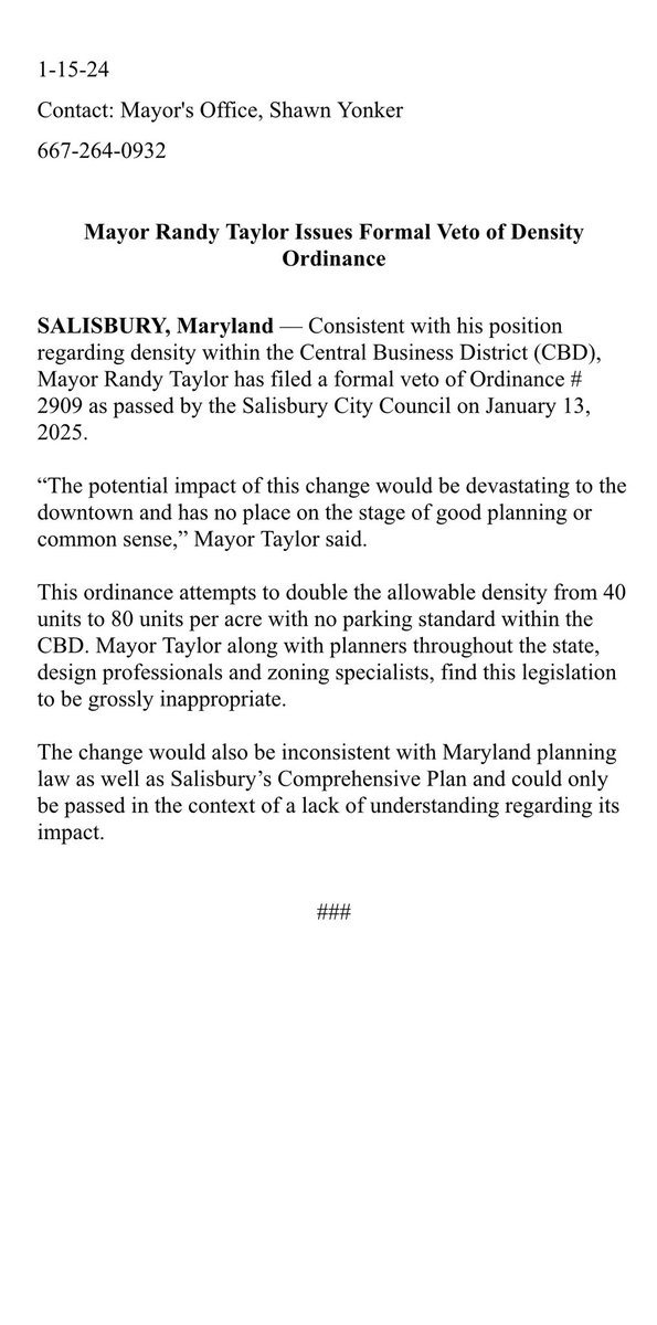 Salisbury Mayor Randy Taylor vetoes increasing downtown’s density ⬇️⬇️