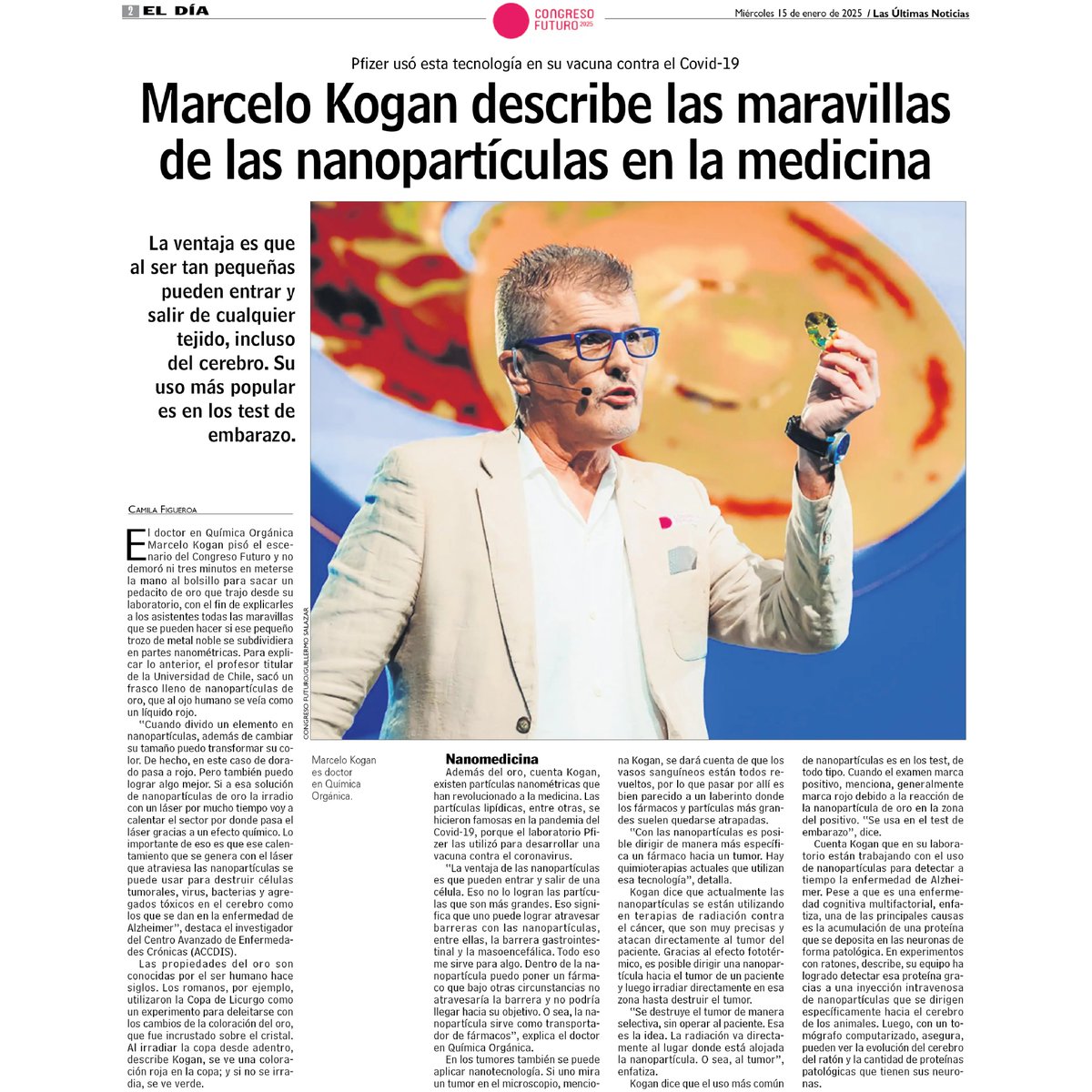FONDAP_ACCDiS's tweet photo. Nuestro investigador Dr. Marcelo Kogan, en el diario @lun. Durante la tarde de ayer, nuestro investigador presentó sus avances científicos en el @congresofuturo  y conversó sobre las bondades del oro para las terapias y diagnósticos de las enfermedades crónicas https://t.co/YyimqNDJf9