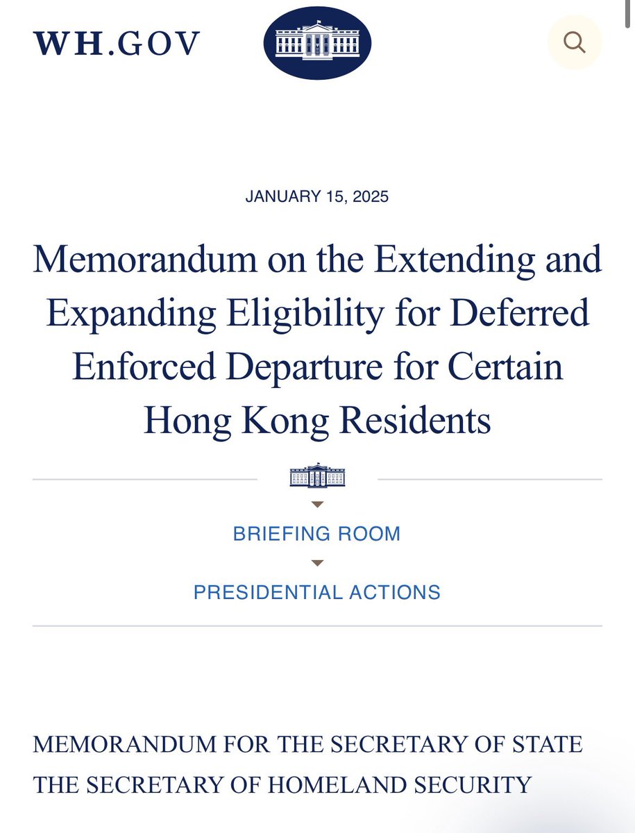 FINALLY: White House just announced the extension &amp; expansion of Hong Kong’s DED. 

The two-year extension will continue to offer a crucial lifeline for eligible Hong Kongers to remain in the United States—a haven from political persecution in today’s repressive Hong Kong.
