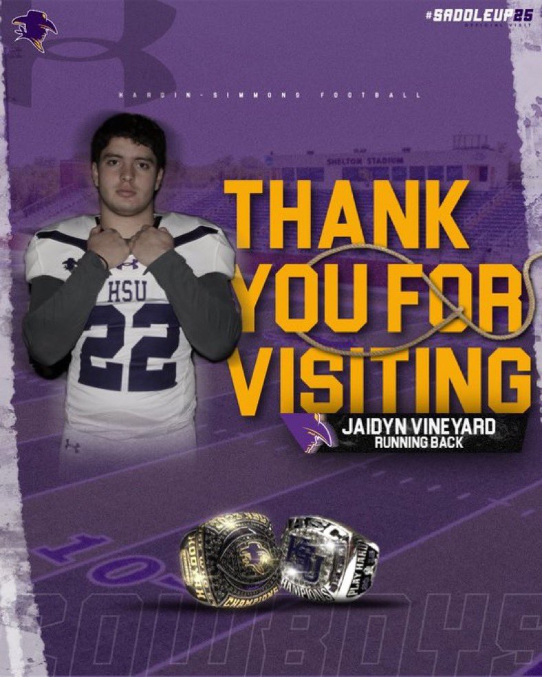 JaidynVineyard's tweet photo. Thank you to @coachfanning93 @CadeBell_HSU and @HSUCowboys for having me out to Hardin Simmons for an official visit! Can’t wait to see the future! #CowboyUp #AGTG https://t.co/TPHHLVMtal