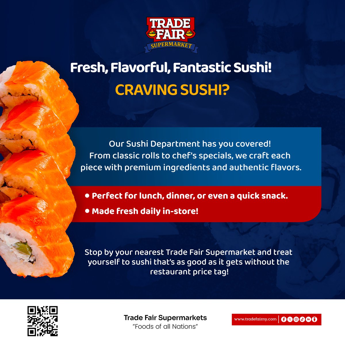 TradeFairNY's tweet image. Sushi Department 🍣
Fresh, Flavorful, Fantastic Sushi!
Craving sushi? We’ve got you covered!

From classic rolls to chef’s specials, every bite is made with premium ingredients and authentic flavors. 
#FreshSushi #TradeFairSupermarkets #QueensNY #FoodiesUnite