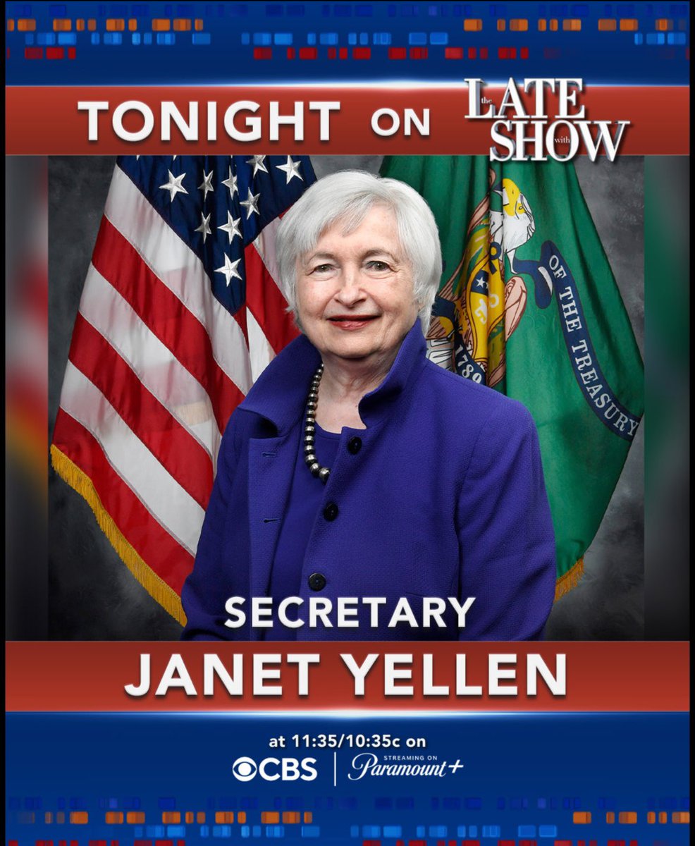 SecYellen's tweet image. Tune in tonight to the @colbertlateshow to watch my discussion with @StephenAtHome about the historic economic progress the United States has made under the Biden-Harris Administration. Thanks for having me, @StephenAtHome!