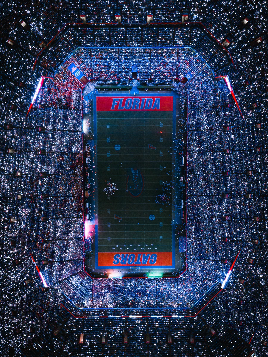 Aerial of The Swamp during a night game. 