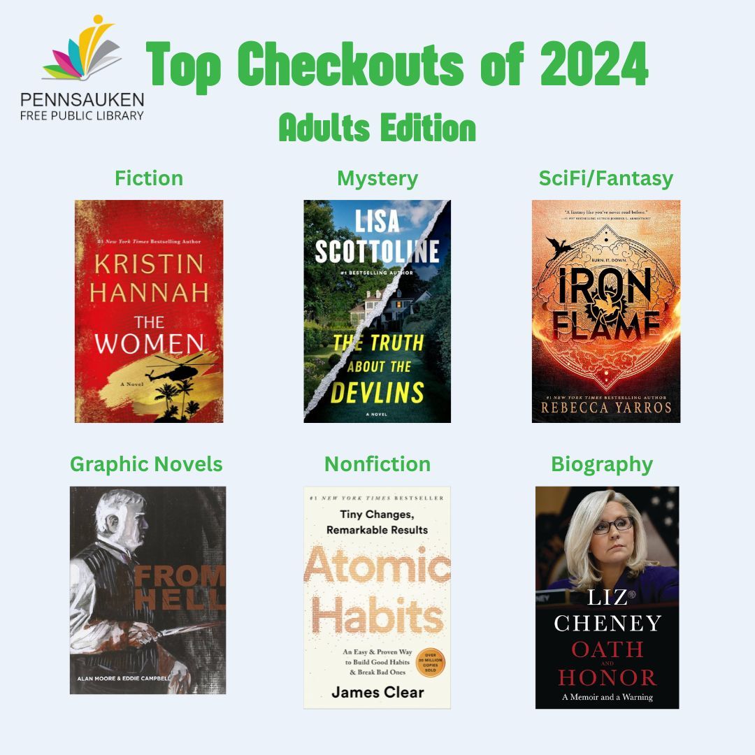 pennsaukenlib's tweet photo. We are fashionably late to posting our 2024 Top Checkouts. We have books for Adults, YA/Teens, Juvenile/Middle Grade, and our Youngest Readers! Head to PFPL to pick up one of these books today! 

#library #libraryprogramming #librarylife #librarylove #topcheckouts #librarybooks https://t.co/sva3N3m5AJ