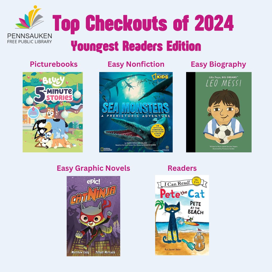 pennsaukenlib's tweet photo. We are fashionably late to posting our 2024 Top Checkouts. We have books for Adults, YA/Teens, Juvenile/Middle Grade, and our Youngest Readers! Head to PFPL to pick up one of these books today! 

#library #libraryprogramming #librarylife #librarylove #topcheckouts #librarybooks https://t.co/sva3N3m5AJ