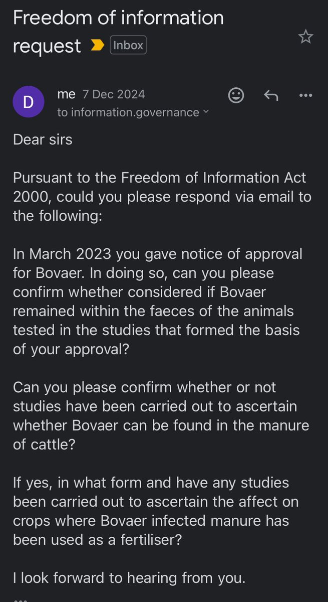 Idonotconsent6's tweet photo. Are we still drinking Arla milk???

I sent an FOI to the Food Standards Agency to request details of any studies it obtained when it approved Bovaer for use back in March 2023, on the potential affect of crops fertilised with manure from Bovaer fed cattle.

Initially, the FSA argued that the Freedom of Information Act did not apply to them (but would respond as best they could).

However, they have since responded to confirm that, whilst they concede NOP-3 (the active, toxic chemical in Bovaer) might remain within cattle faeces, it ‘expects’ the quantities to be ‘low’ and any exposure to the environment to be ‘minimal’.

Further, the FSA’s remit does not extend to crops (food 🤦🏻‍♂️) fertilised with NOP-3 infected manure. 

So in a nutshell, the FSA concedes that NOP-3 will be present within cattle’s faeces but it does not know to what extent as it hasn’t tested it. And, frankly, it is not their problem.

We know that NOP-3 is so toxic that it cannot be handled without full PPE but no one knows to what extent crops might be affected and whether they are safe to eat.

This is a disaster waiting to happen and in my view, it’s use should be halted until a full and proper environmental impact assessment has been carried out and, in particular, to what extent crops could be infected/affected.

@RupertLowe10 
@LeilaniDowding