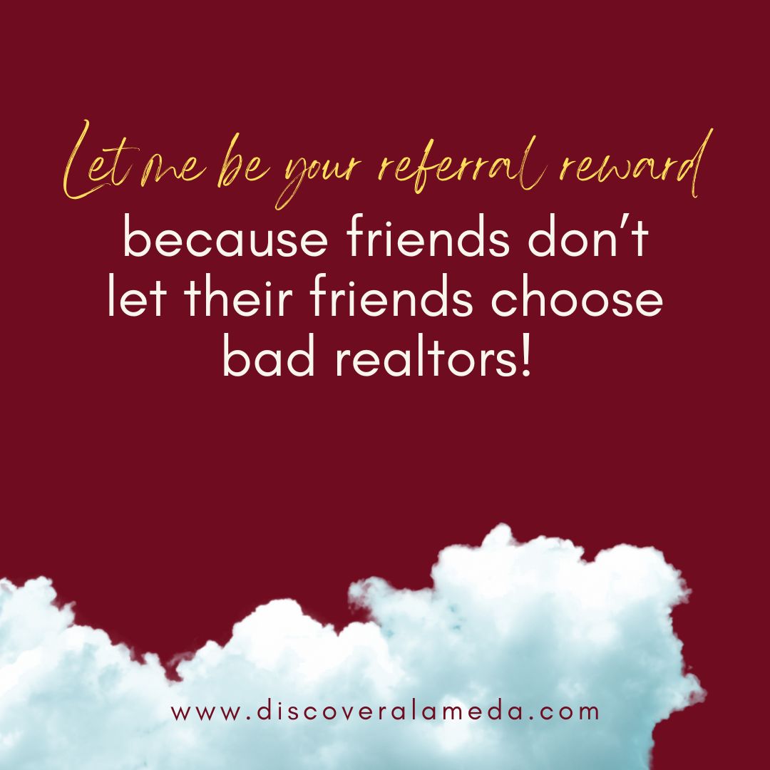 DiscoverAlameda's tweet photo. Your friends deserve the best, and that’s me! 😉 Let’s find them the perfect home.

#referralsappreciated #recommendation #referafriend #realestatereferrals #referralgoals https://t.co/ojpHNrxu2k