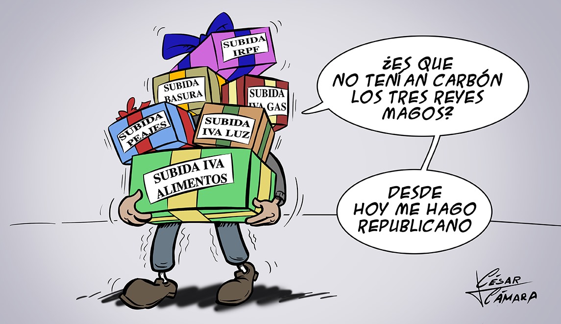 cesarilustra's tweet photo. Viñeta para  https://t.co/VgtCCD7mgg  #añonuevo #regalos #regalosdereyes #impuestos #subidadeprecios #españa  #iva #economia #subidadeimpuestos #gobiernodeespaña  #caricatura #caricature #humor #humorgrafico #graphichumor #Viñeta #Dibujo #drawing #Ilustración #ilustration https://t.co/69UqC8vXmO