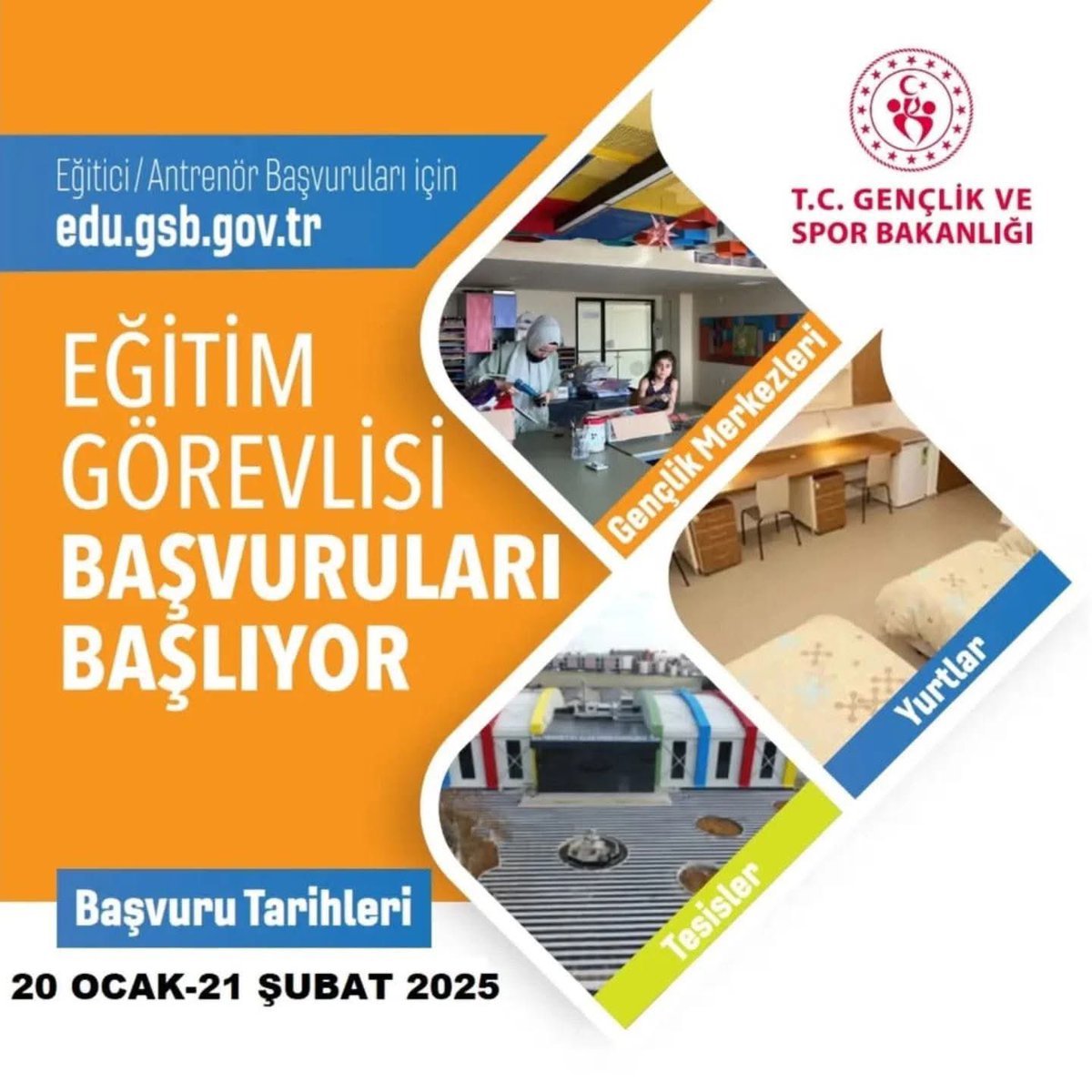 📌GSB Eğitim Görevlisi / Antrenör başvuruları başlıyor.
📄Eğitici / Antrenör başvuruları edu.gsb.gov.tr web sayfası üzerinden yapılacaktır.📢
⌛ Başvurular 20 Ocak - 21 Şubat 2025 tarihleri arasında yapılacaktır.