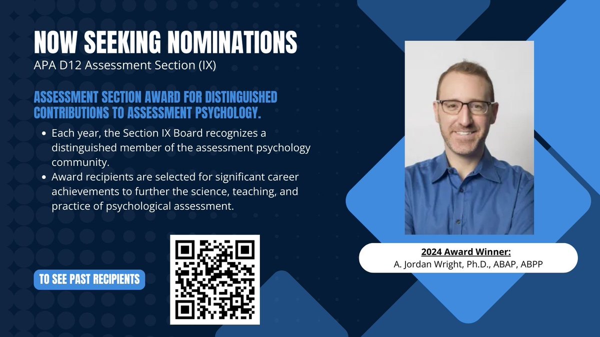 APAD12_S9_ASMNT's tweet photo. Please use the link below to nominate a psychologist you feel is worthy of consideration for the Assessment Section Award for Distinguished Contributions to Assessment Psychology.

We are accepting nominations until January 31, 2025!
 https://t.co/FDTTdHh0Rd https://t.co/3cB70xIq4G