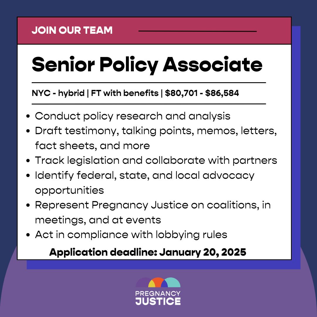 We're looking for a senior policy associate to join us in fighting pregnancy-related prosecutions! 

Are you passionate about reproductive justice and policy? If so, this position is for you! Apply now⌛️
pregnancyjustice.bamboohr.com/careers/40