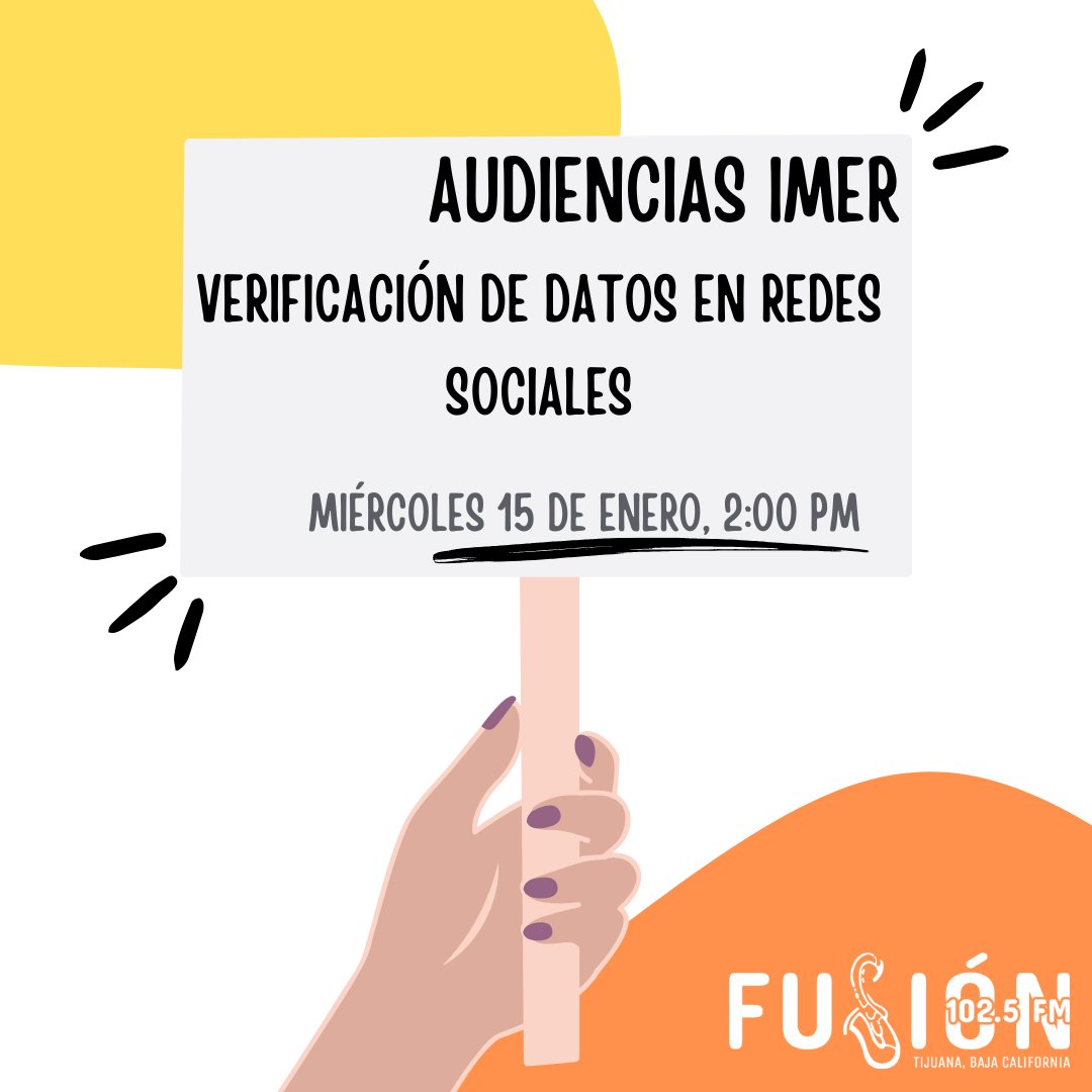 📢Escucha <a href="/AudienciasIMER/">Defensoría de las Audiencias del IMER</a>, un espacio para impulsar el ejercicio de la libertad de expresión y el derecho de acceso a la información; conduce Laura Martínez, Defensora de las Audiencias IMER.

WhatsApp 6643499945 📲
🕑 2:00 PM
📻102.5 FM
📲 imer.mx/fusion y App IMER