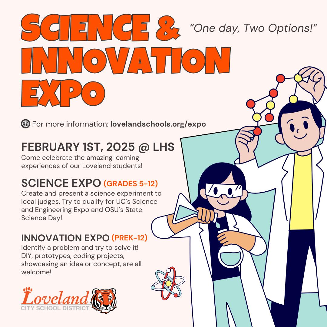 It's your last chance to sign up for the Science and Innovation Expo! 
❓ Good at solving problems? 
🧪 Love science? 
💡 Put your creative mind to work and show off a fun science experiment or innovative idea! 
Learn more and sign up at lovelandschools.org/expo. #beLOVEland