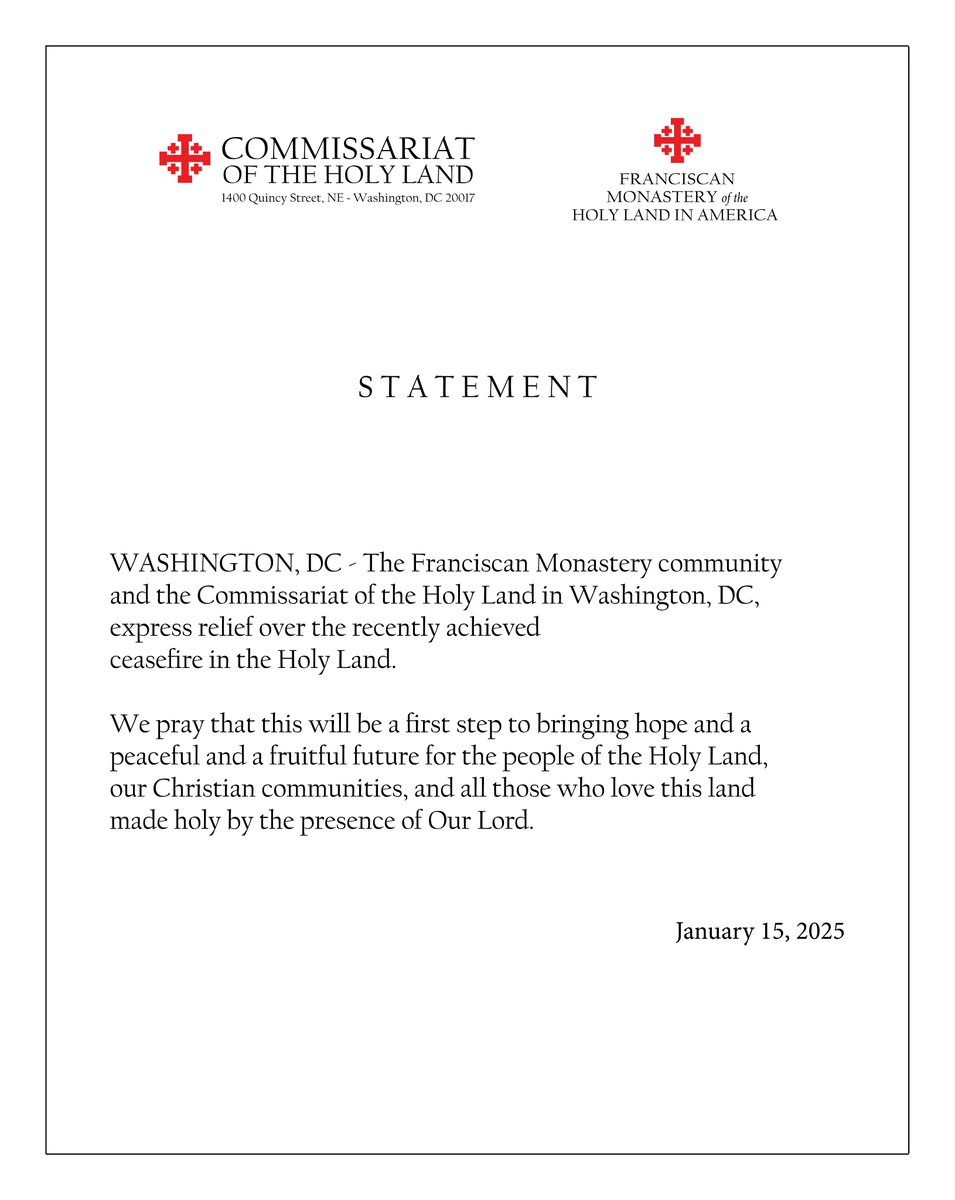 FranciscanMon's tweet photo. The Franciscan Monastery community and the Commissariat of the Holy Land in Washington, DC, express relief over the recently achieved #ceasefire in the Holy Land. https://t.co/iRPL7CCV0h
