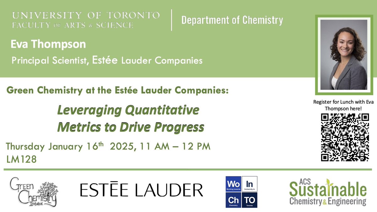 GreenChemUofT's tweet photo. Join us for our seminar tomorrow at 11:00 AM (LM128) to hear Eva Thompson, Principal Scientist in Green Chemistry at the Estée Lauder Companies, speak about the company's approach to embedding green chemistry within cosmetic formula development processes https://t.co/Ri1EBzsWmB