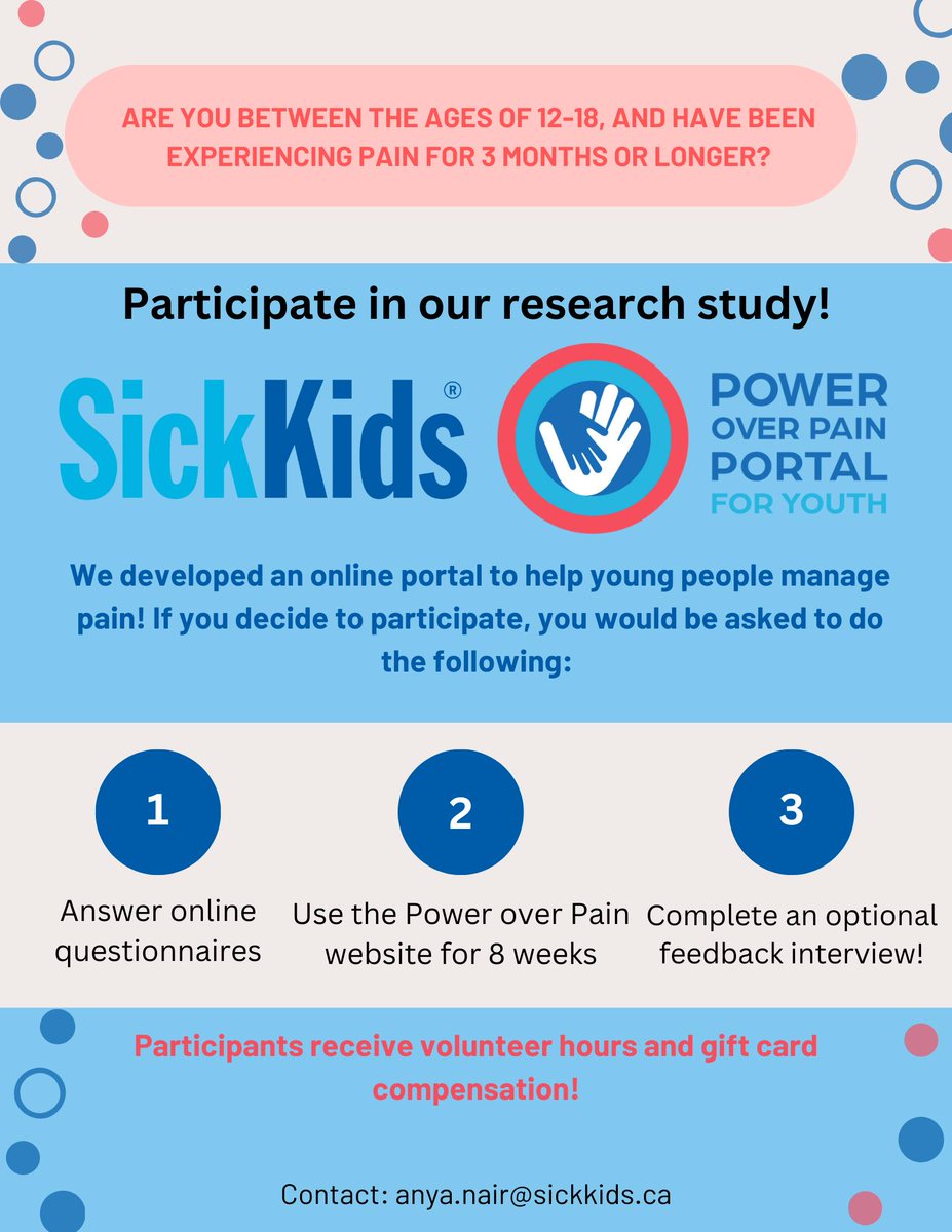 Pain Canada (@pain_canada) on Twitter photo Are you between the ages of 12-18 and have been experiencing pain for 3 months or longer?
<a href="/sickkids/">SickKids Foundation</a> is recruiting participants for a study to help improve their online pain management portal.
➡️Visit ow.ly/ve4U50RbJjh to find out more and participate! Are you between the ages of 12-18 and have been experiencing pain for 3 months or longer?
<a href="/sickkids/">SickKids Foundation</a> is recruiting participants for a study to help improve their online pain management portal.
➡️Visit ow.ly/ve4U50RbJjh to find out more and participate!