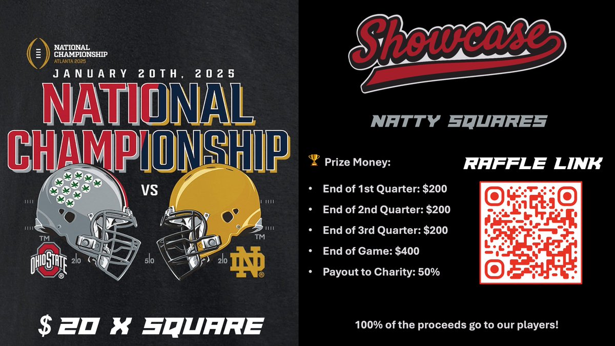 🏈 National Championship Squares Fundraiser 🏈

Help support Showcase 7v7! 100% of the proceeds go to our players! Great opportunity to make some money while contributing to a great cause 🤑

Link in bio to purchase squares ⬛️

We appreciate your support!