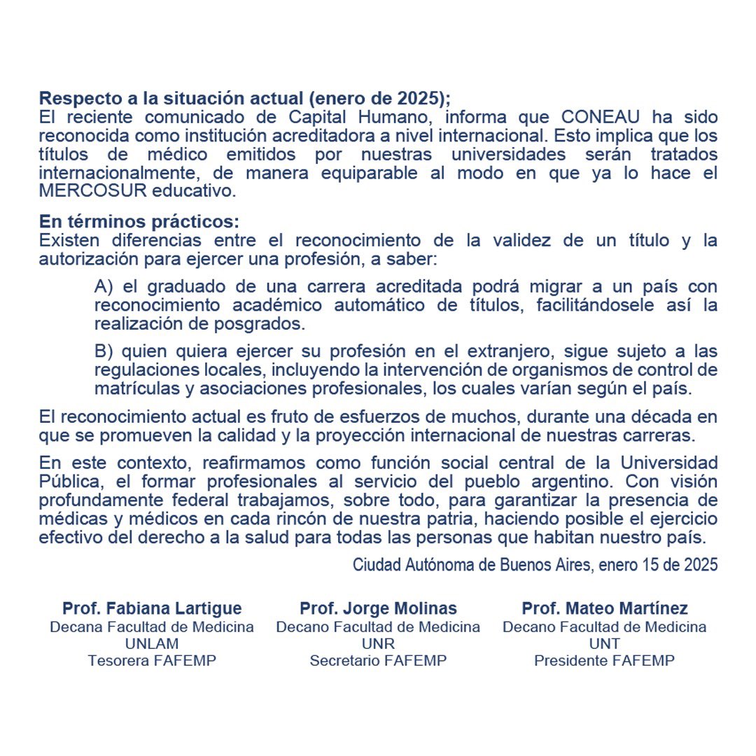 Comunicado del Foro Argentino de Facultades y Escuelas de Medicina Públicas respecto de las recientes noticias. El reconocimiento actual es fruto de esfuerzos de muchos, durante una década en que se promueven la calidad y la proyección internacional de nuestras carreras.