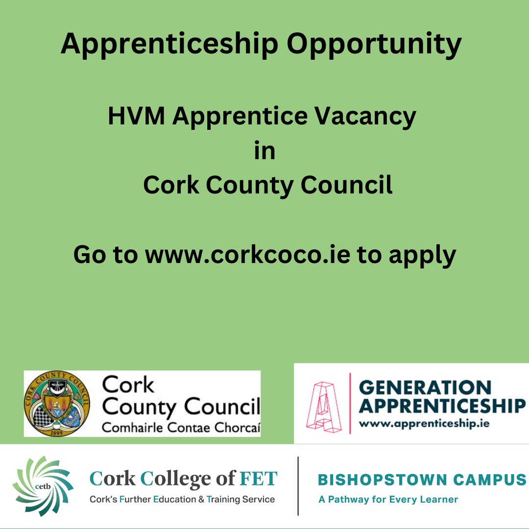 Apprentice Job Opportunity

Cork County Council are #hiring Heavy Vehicle Mechanic (HVM) apprentices.

Go to corkcoco.ie/en/council/car… to apply

<a href="/corketb/">CorkETB🇮🇪🇪🇺</a> <a href="/apprenticesIrl/">Apprenticeship Irl</a> 

#GenerationApprenticeship #ThisisFET #FETisforEveryone #JobFairy