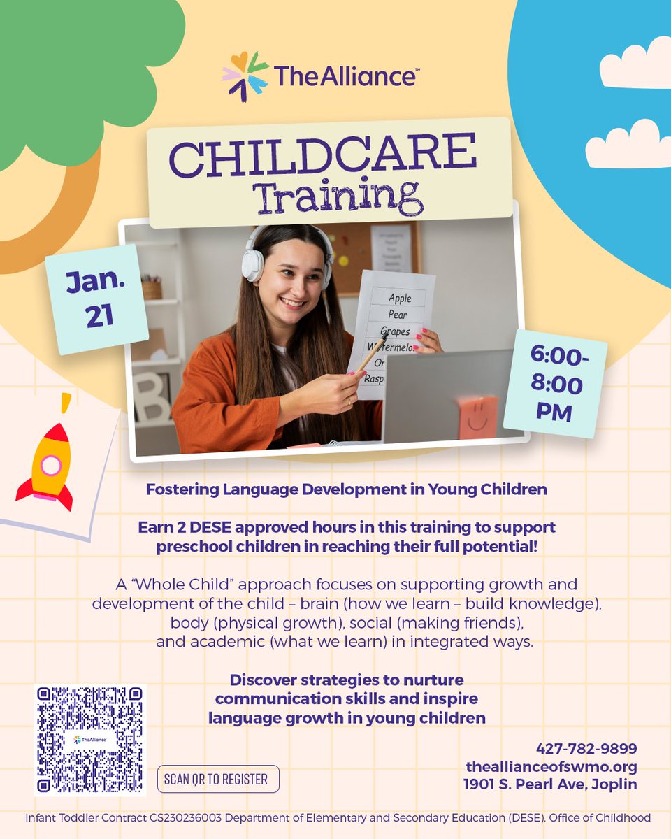Join us on Jan. 21, 6:00 - 8:00 PM for a training designed to help preschoolers reach their full potential.
Earn 2 DESE-approved hours
Learn how to nurture communication skills
Support language growth in engaging ways
1901 S. Pearl Ave, Joplin
Register now, scan the QR code!