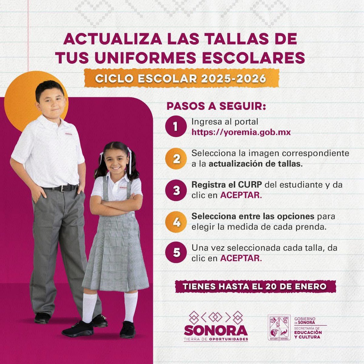 📢 ¡Aún estás a tiempo de actualizar las tallas de los uniformes escolares en #Sonora! 👕

Regístrate antes del 20 de enero ➡️ yoremia.gob.mx

#SeguirTransformando #TierraDeOportunidades