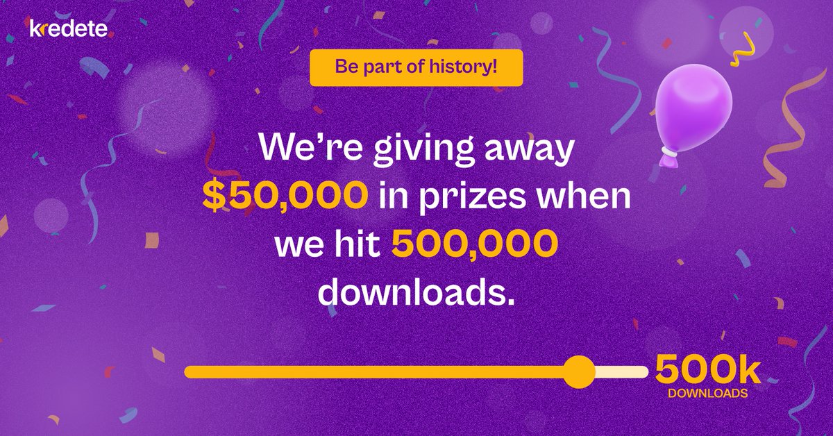 kredete's tweet photo. We’re giving away $50,000 in prizes when we hit 500,000 downloads. Every new user has a chance to WIN BIG. 🎁

#500KUserswithKredete