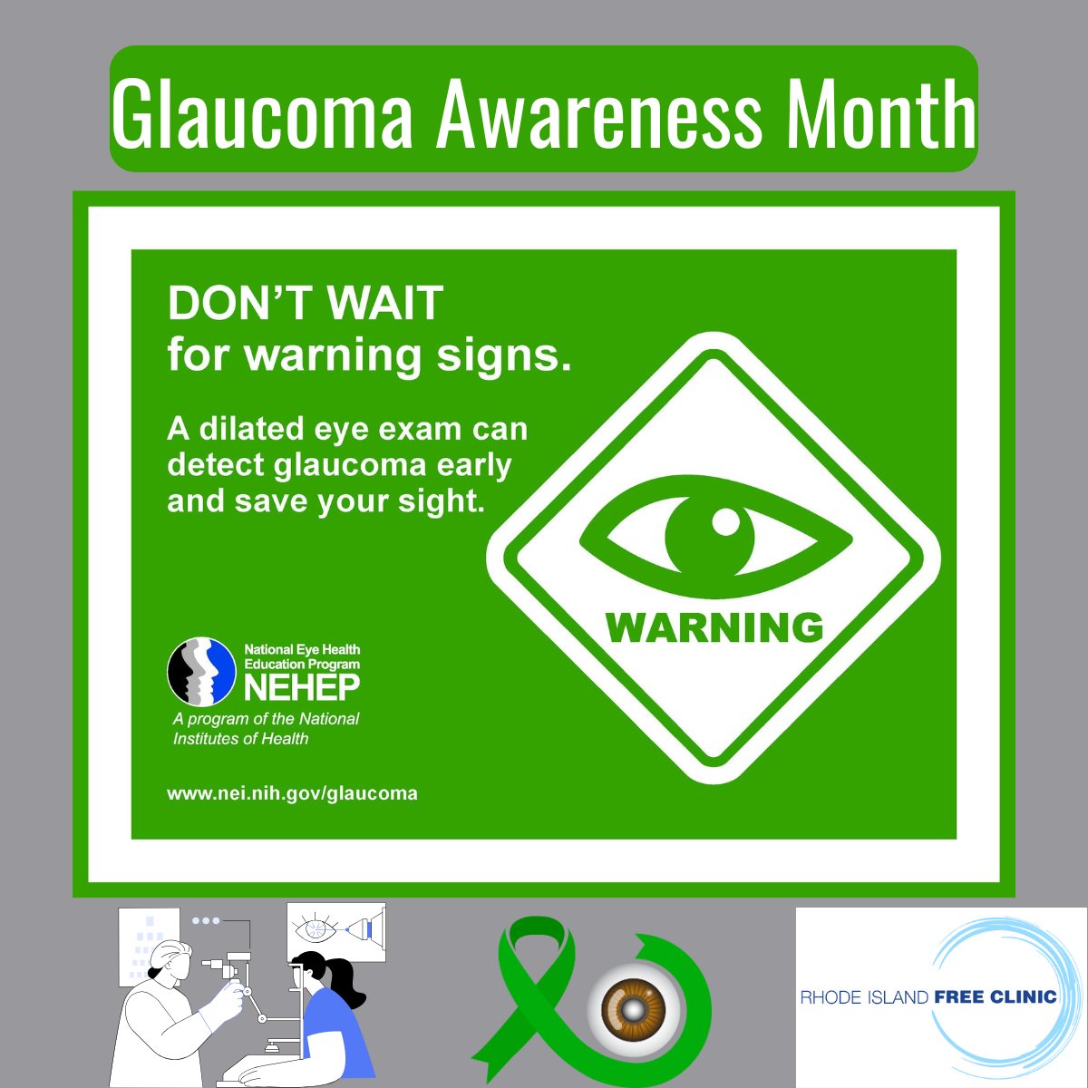 rifreeclinic's tweet image. The only way to spot #glaucoma is by getting a comprehensive #EyeExam. Schedule one for #GlaucomaAwarenessMonth. The exam is easy—your doctor will dilate your pupils and perform a visual field test. Learn more from @NatEyeInstitute: nei.nih.gov/learn-about-ey…