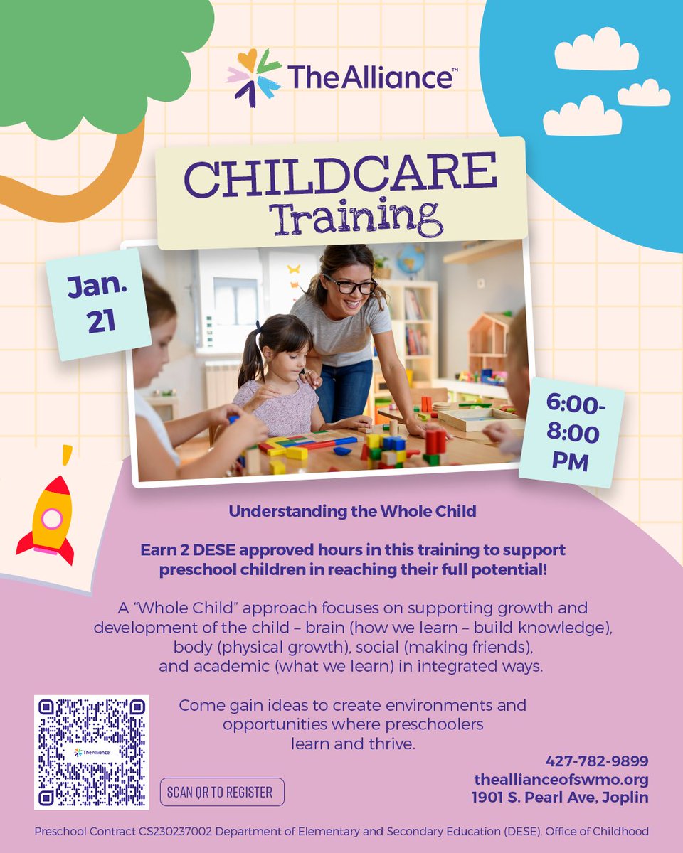 Join us for a FREE Training on Jan. 21 from 6:00 - 8:00 PM at The Alliance.
Earn 2 DESE-approved hours while learning about the Whole Child approach; helping preschoolers grow academically, socially, and emotionally. 
1901 S. Pearl Ave, Joplin
Scan the QR code to register!