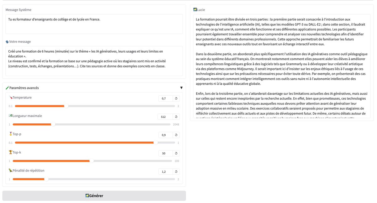 bertrandformet's tweet photo. Lucie (https://t.co/gmWGBXw6KS) : modèle de langage 🇫🇷, entièrement open source, adapté à des usages comme l'éducation. Développé par le consortium @openllm_france
et @linagora. 1ers tests possibles avec pré-instruction et paramètres : https://t.co/qZ1uKGYjry #uneIAparjour #LLM https://t.co/OsQ3ApZDtM