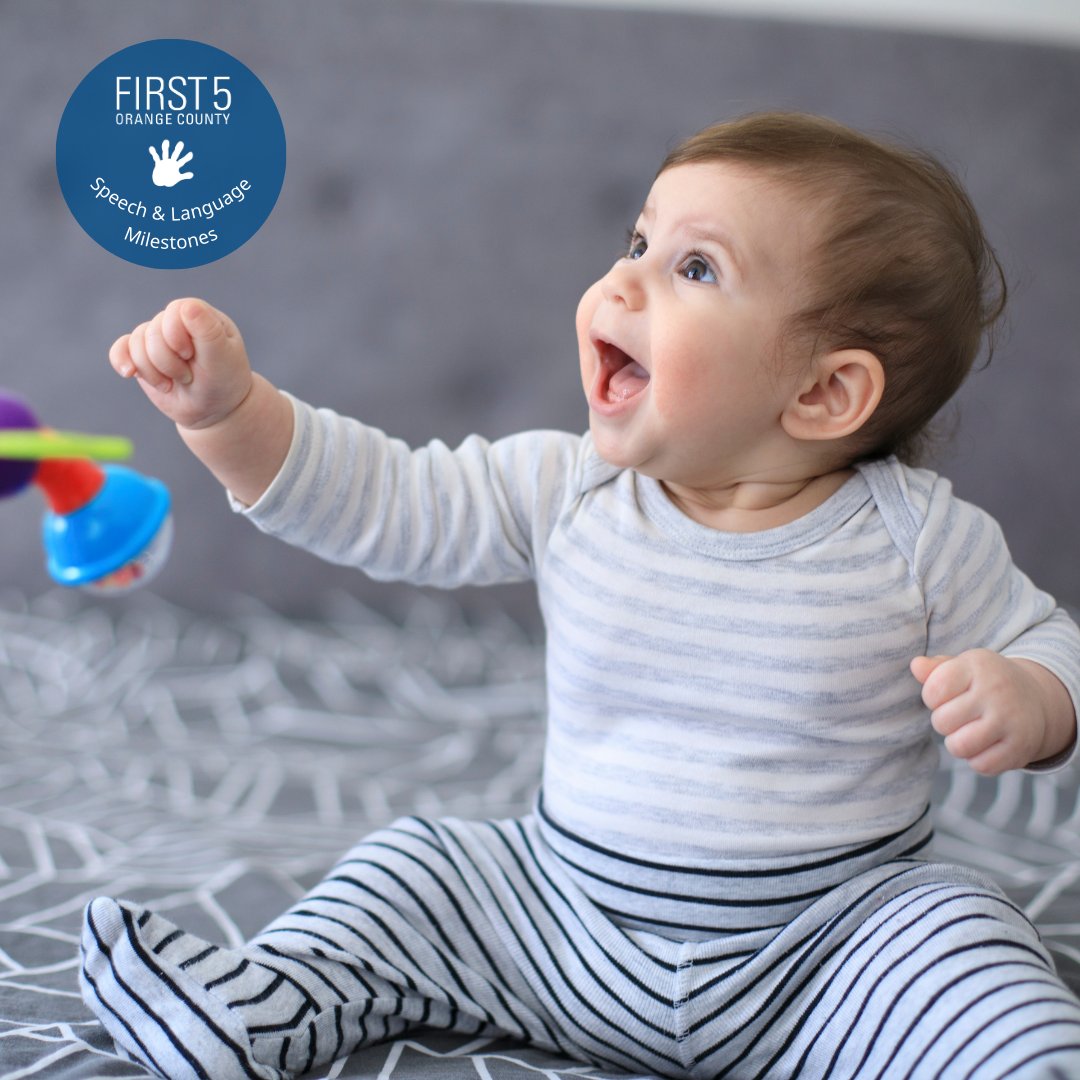 First5OC's tweet photo. Speech &amp; Language Milestones: 7-9 Months. They babble, recognize names, seek familiar faces, and might raise their arms for cuddles. Each child develops uniquely, these milestones are not a screening or diagnostic tool. For information and resources, visit https://t.co/6UE2NqeXYn https://t.co/AC0r3jcmlQ