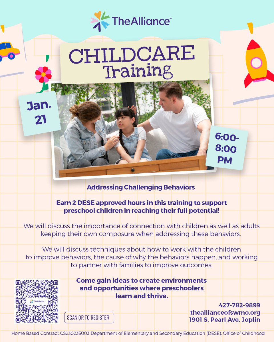 This FREE training will provide tools to help children and adults regulate emotions and foster positive behaviors.
Earn 2 DESE-approved hours
Jan. 21 | 6:00 - 8:00 PM
1901 S. Pearl Ave, Joplin
Scan the QR code to register!