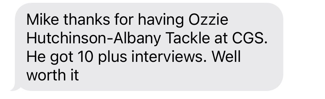 Mike Rittelmann (@mrittcgs) on Twitter photo Love getting these type of texts from NFL Agents whose clients attended <a href="/CGSAllStar/">The College Gridiron Showcase</a>
Awesome to hear the experience was “Well Worth It”
S/O to <a href="/zoprada/">Ozzie Hutchinson</a> of <a href="/UAlbanyFootball/">UAlbany Football</a> for making the most out of his opportunity at CGS!
#CGS2025 Love getting these type of texts from NFL Agents whose clients attended <a href="/CGSAllStar/">The College Gridiron Showcase</a>
Awesome to hear the experience was “Well Worth It”
S/O to <a href="/zoprada/">Ozzie Hutchinson</a> of <a href="/UAlbanyFootball/">UAlbany Football</a> for making the most out of his opportunity at CGS!
#CGS2025